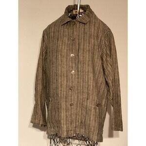 CTC Linens Brown Striped 100% Linen Chore Jacket Womens Small Made in USA Pocket